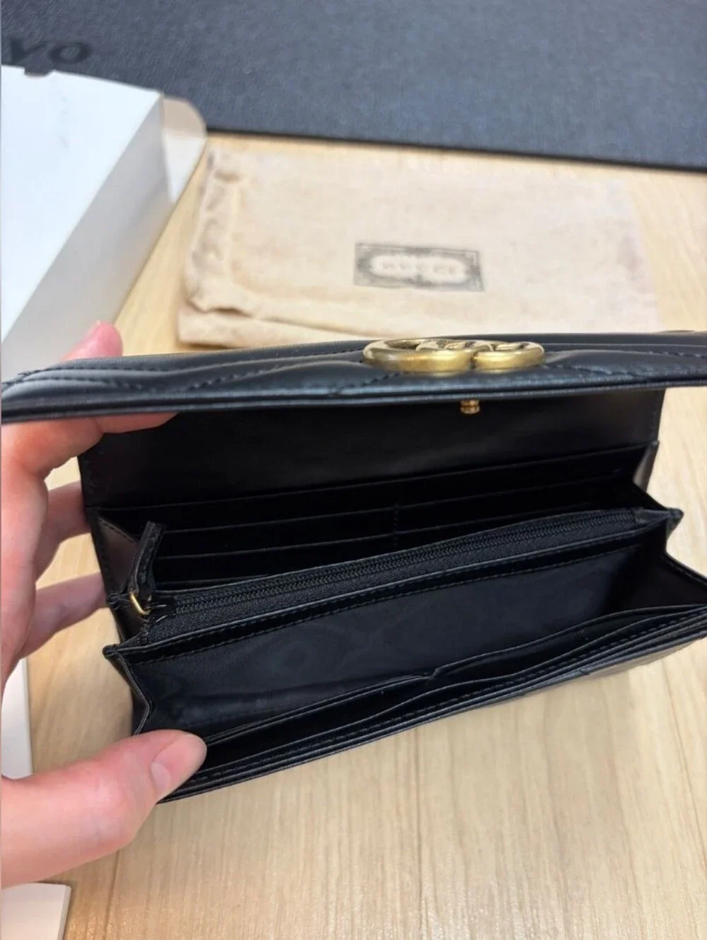 Gucci Black Chevron Quilted Leather Continental Wallet with Gold GG Logo